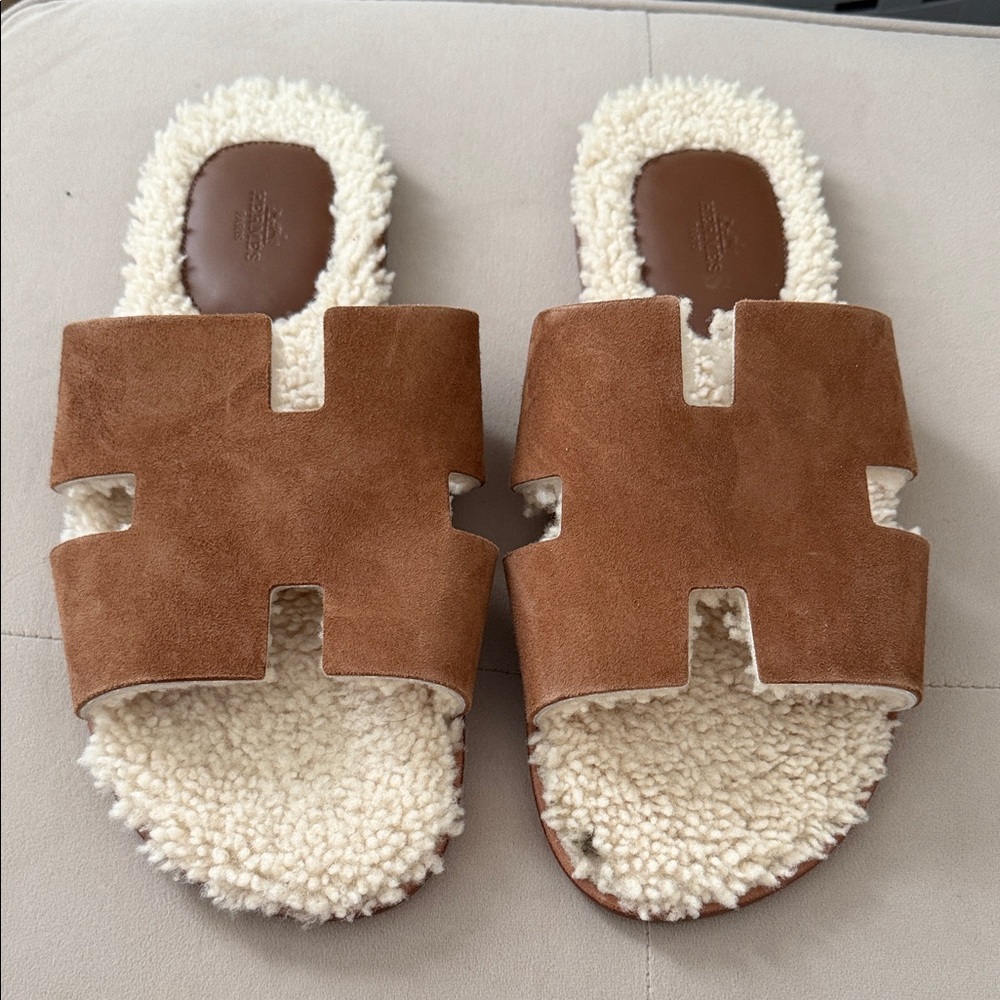 Hermes Tan Velvet Men’s Slippers EU size 43.5